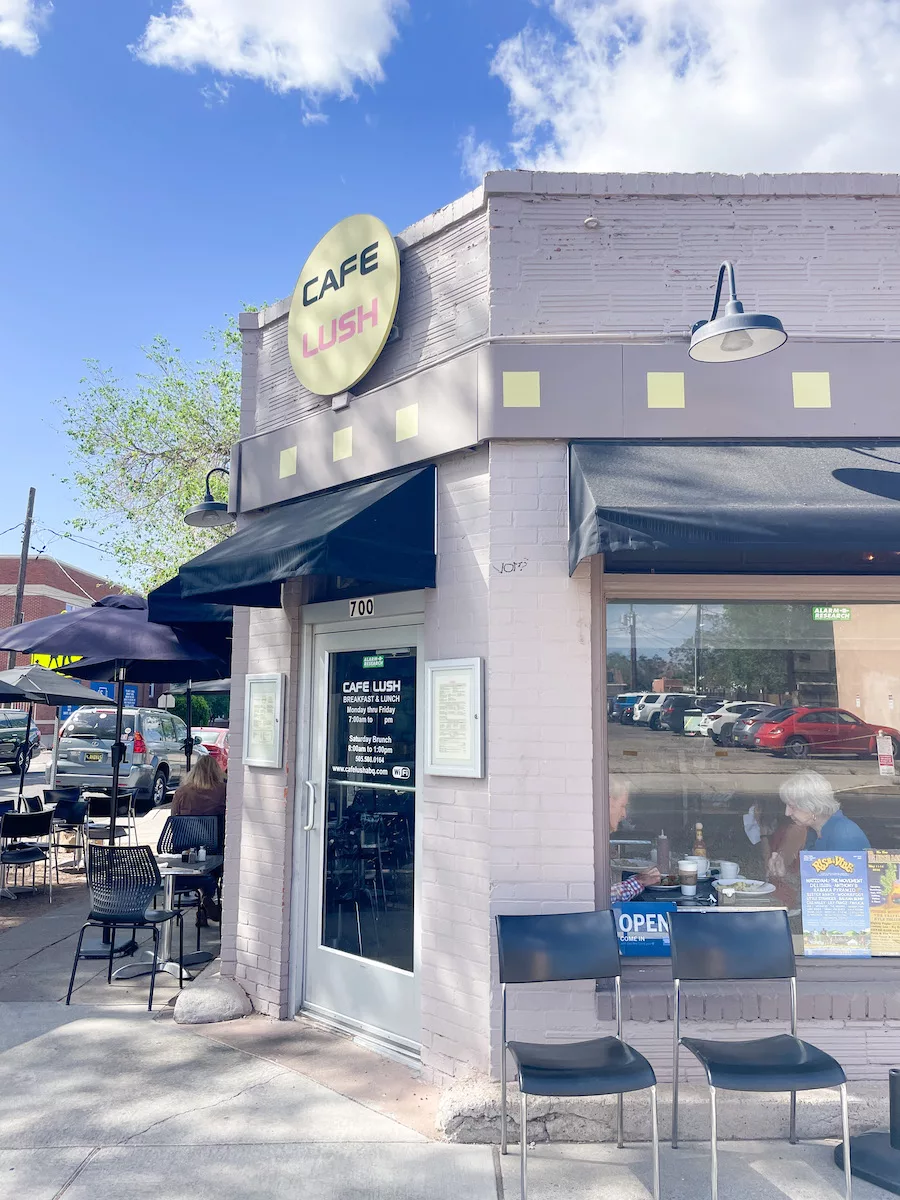 View of Lush Cafe building in Albuquerque, New Mexico