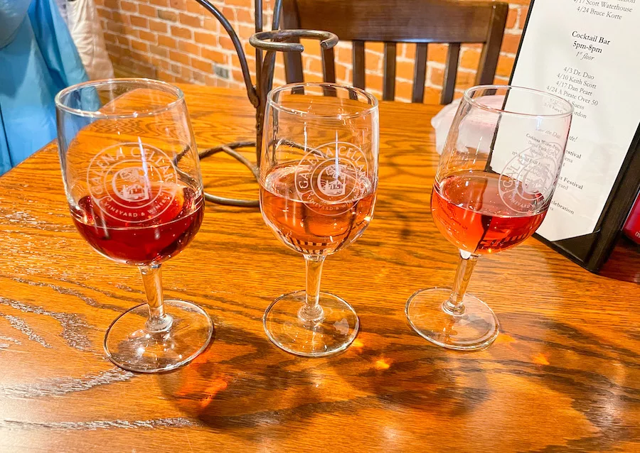 3 glasses of wine from Galena Cellars Vineyard in Galena, IL 