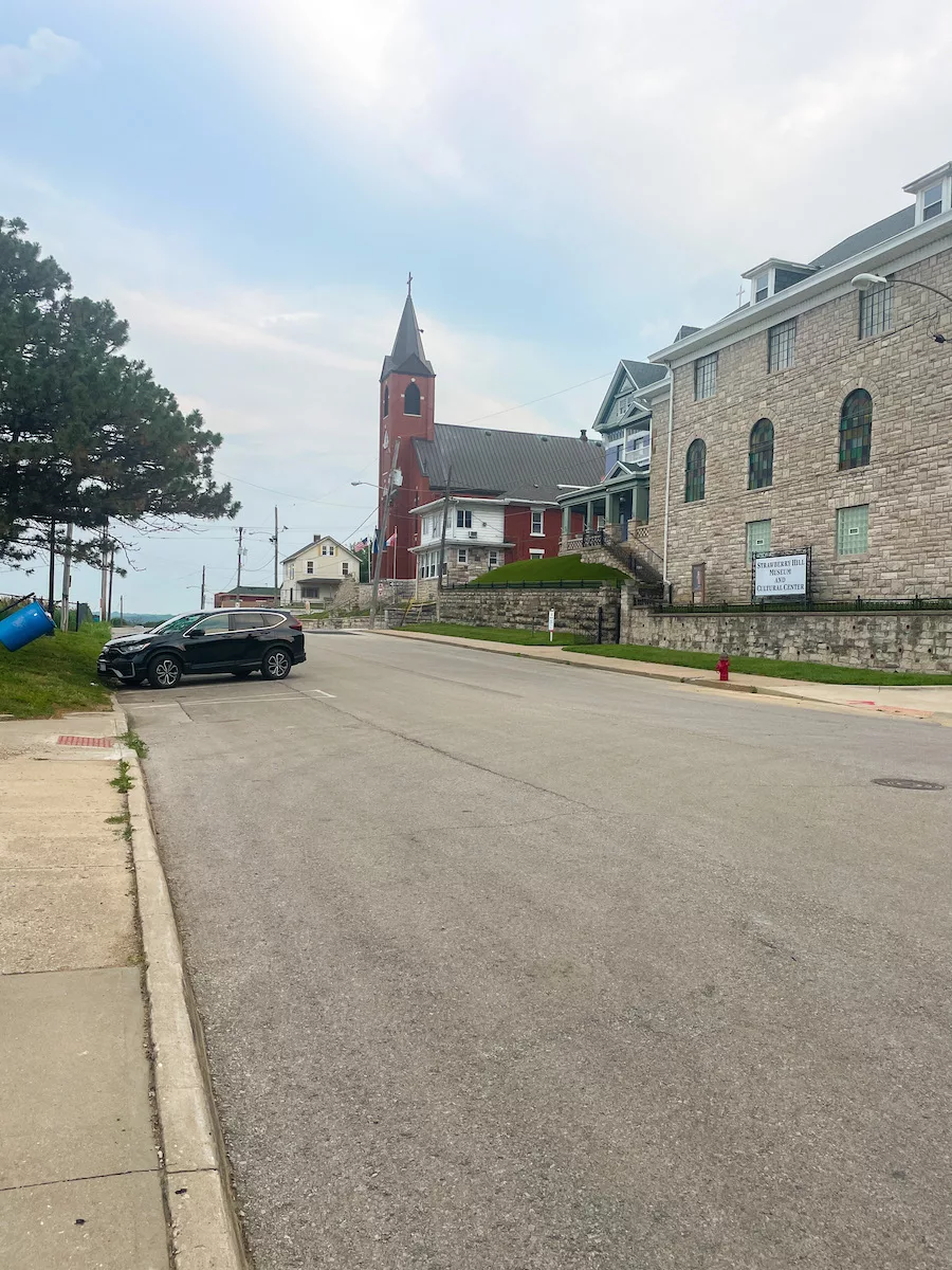 View of street with the Strawberry Hill Museum and Cultural Center