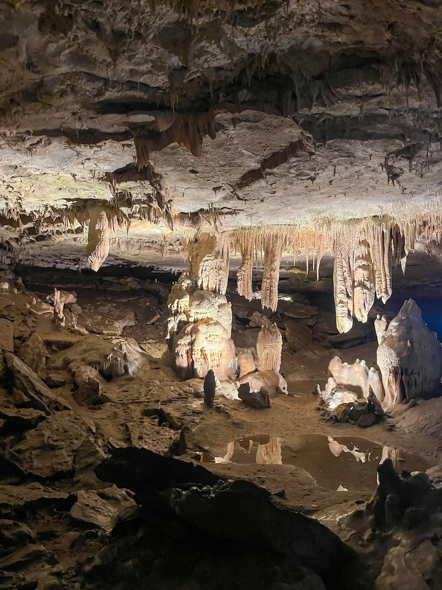 Beautiful formations inside a dark cave in Springfield, MO 