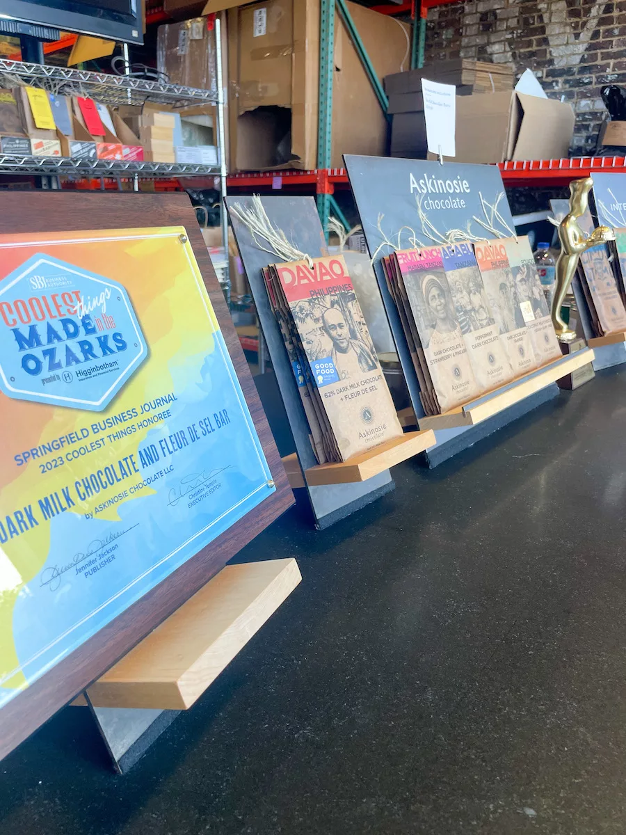 View of aware and chocolate bars at the Askinosie Chocolate Factory in Springfield, Missouri