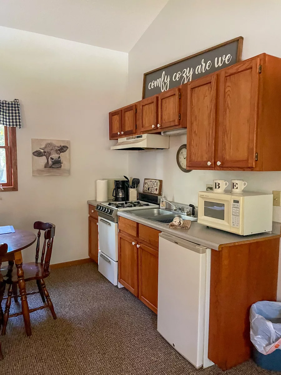 Small kitchen in a cabin at Hickory Hideaway Cabins. 