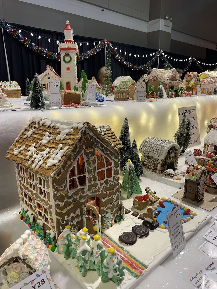 Decorated gingerbreads lined up for viewing. 