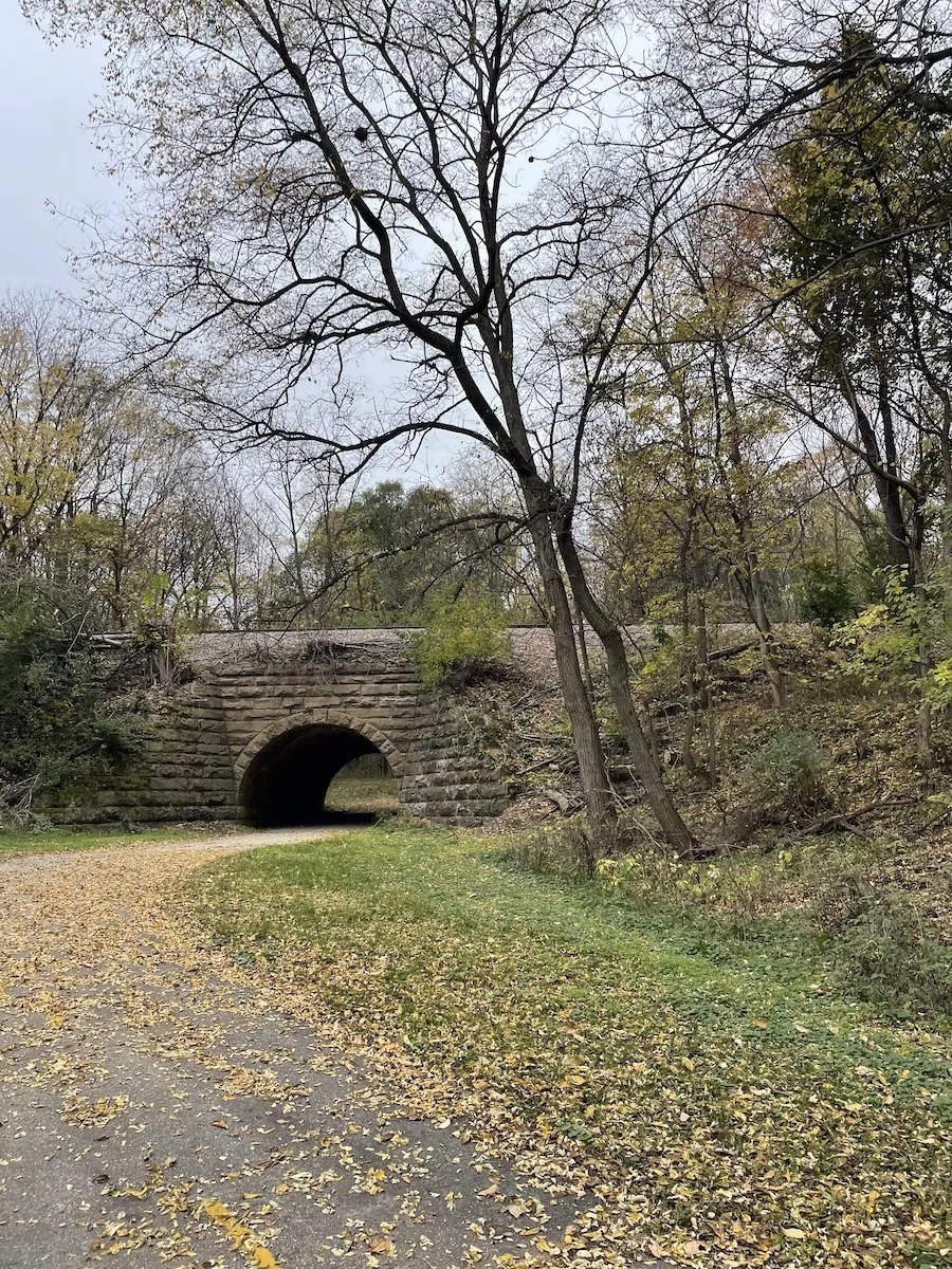 Stone bridge over paved path - Janesville Segment of the Ice Age Trail