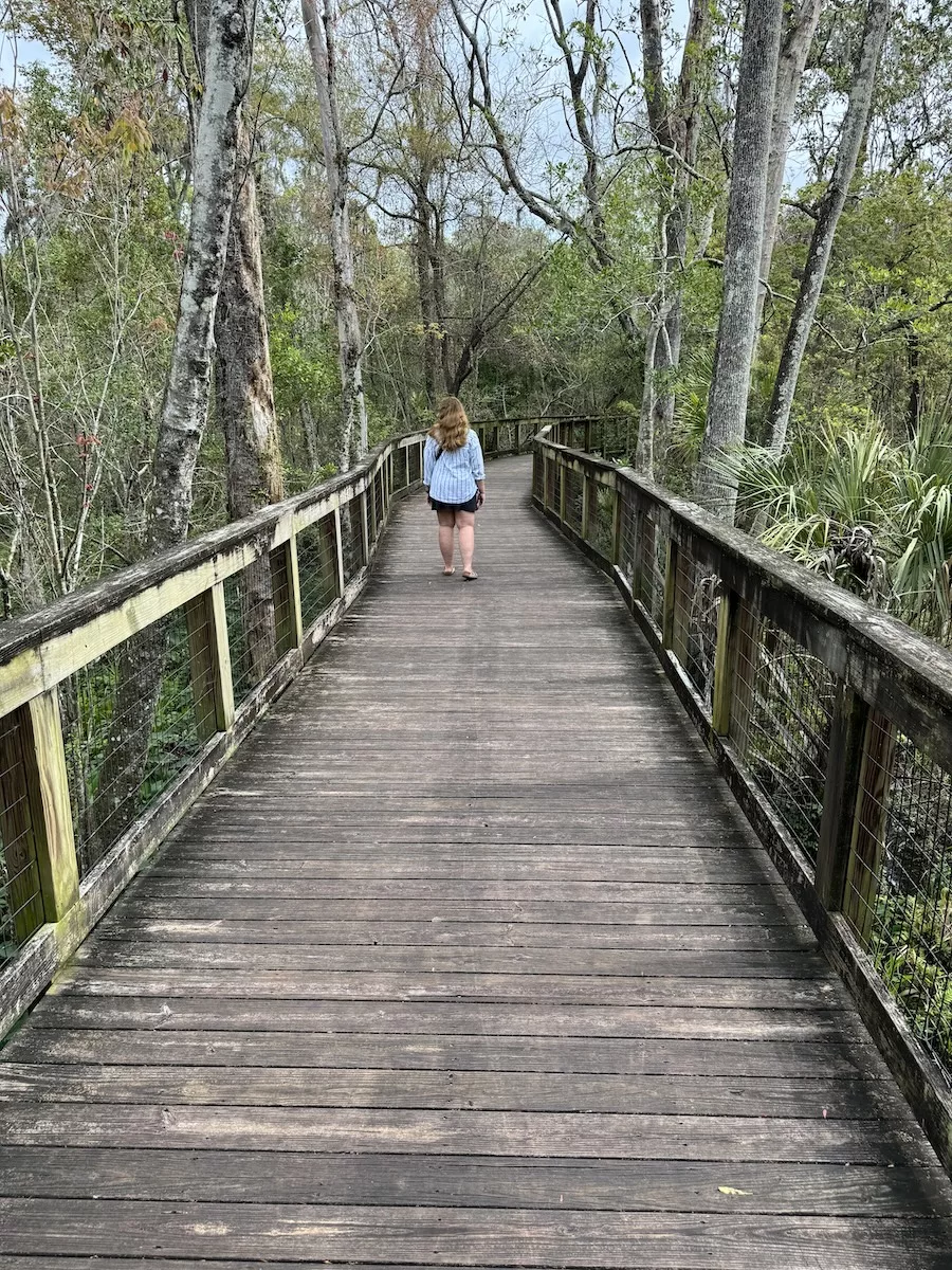 Woman walking along a wooden boardwalk at Tree Hill Nature Center