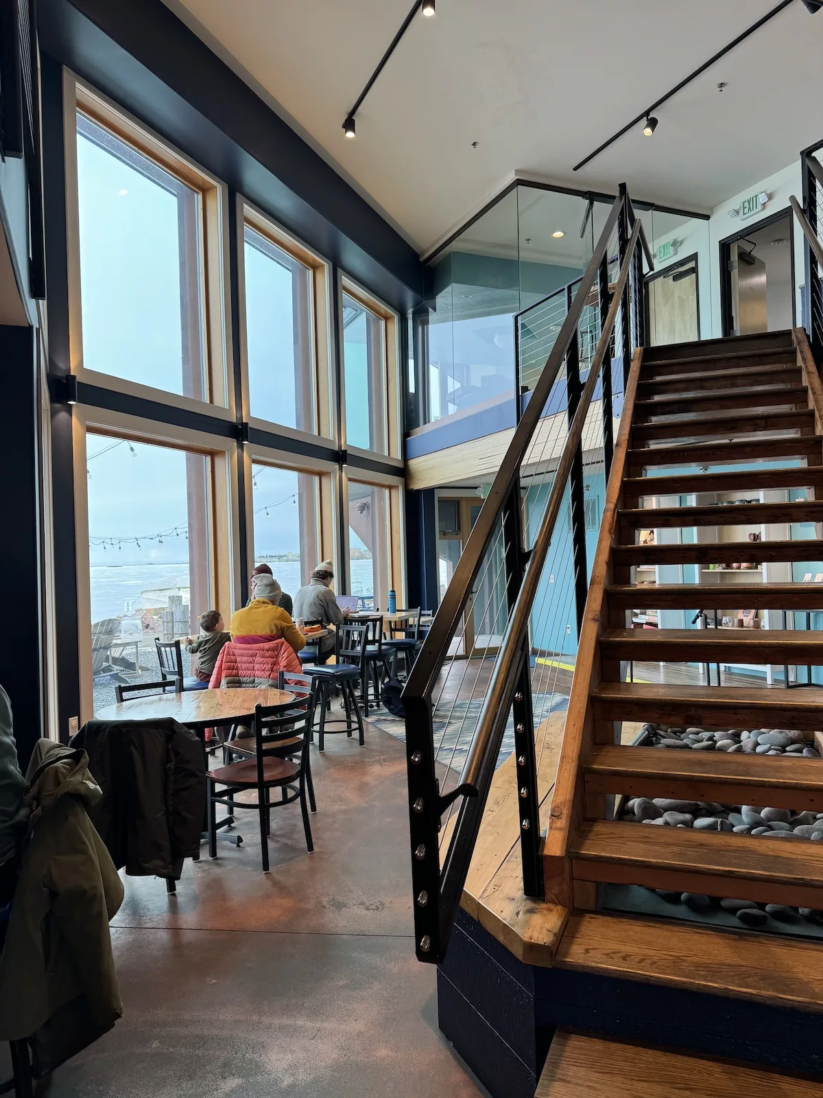 Image of stairwell and seating area at the Sandbar in Ashland, WI
