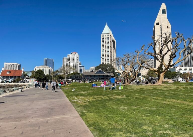 Image of Seaport Village in San Diego, California with a clear blue sky and tall buildings with people playing on the grass.